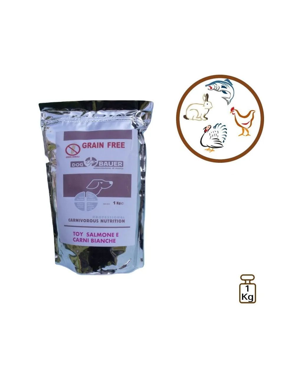 Sacchetto Crocchette per cani Toy Senza cereali Salmone e Carni Bianche Dogbauer Sacchetto Crocchette per cani Toy Senza cereali Salmone e Carni Bianche Dogbauer