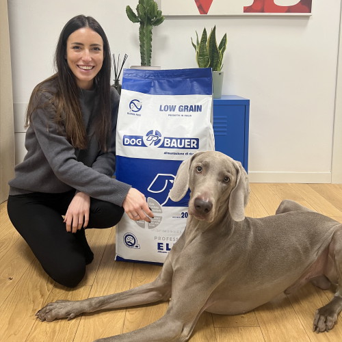 Ragazza con cane Weimaraner e crocchette Dogbauer linea Elite